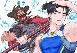  2boys adjusting_hair arm_up armpits bare_shoulders belt belt_buckle black_hair blue_tank_top bodysuit brown_belt brown_hair brown_hat buckle cape cassidy_(overwatch) cigar closed_eyes collarbone cowboy cowboy_hat deobda2 earrings facial_hair fighting fingerless_gloves gloves hair_bun hair_slicked_back hand_on_own_head hashtag-only_commentary hat highres hitting holding holding_polearm holding_weapon holster jade_(gemstone) jewelry male_focus meme multiple_boys naoya_hitting_choso_without_looking_(meme) necklace open_mouth over_shoulder overwatch pectoral_cleavage pectorals pendant polearm punching rapid_punches red_cape shell_casing shirt short_hair simple_background sleeveless sleeveless_bodysuit smoke smoke_trail smoking stud_earrings tank_top tight_clothes water weapon weapon_over_shoulder white_background wuyang_(overwatch) 