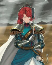  1girl arm_behind_back armor belt blue_eyes blue_jacket brown_belt cape closed_mouth club_(weapon) gauntlets grey_sky highres holding holding_club holding_weapon jacket kyo_(kyry0429) looking_at_viewer marsha_(reverse:1999) mountainous_horizon outdoors overcast red_hair reverse:1999 sam_browne_belt short_hair shoulder_armor sky solo upper_body weapon white_cape 