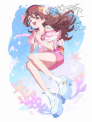  1girl :d bare_shoulders blue_shoes blush brown_hair collarbone coral dated dot_nose double-parted_bangs full_body hair_between_eyes hairband hands_up highres kimi_to_idol_precure long_hair looking_at_viewer miniskirt off-shoulder_shirt off_shoulder open_mouth pink_skirt platform_shoes precure red_eyes red_hairband sakura_uta_(precure) serizawa_serizane shirt shoes skirt smile socks solo twitter_username watermark white_socks 