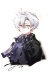  1boy absurdres adnachiel_(arknights) adnachiel_(traceless_walker) arknights bishounen black_jacket black_shirt closed_mouth glasses halo highres jacket looking_at_viewer luan_teng male_focus orange_eyes shirt short_hair simple_background solo upper_body white_background white_hair 