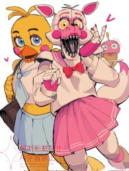  1girl 1other animal_ears animatronic beak black_bag blue_eyes blue_necktie blue_skirt blush_stickers bow bowtie commentary cupcake_(fnaf) five_nights_at_freddy's five_nights_at_freddy's:_sister_location five_nights_at_freddy's_2 fox_ears fox_tail funtime_foxy hashtag-only_commentary heart highres necktie null_(lllllljllllljll) open_mouth pink_sailor_collar pink_skirt red_bow red_bowtie sailor_collar school_uniform serafuku sharp_teeth shirt skirt tail teeth toy_chica watermark white_sailor_collar white_shirt yellow_eyes 