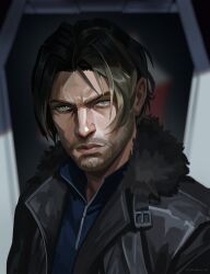  1boy beard black_fur black_jacket blonde_hair blue_eyes blue_shirt celestra closed_mouth collared_shirt commentary english_commentary facial_hair fur-trimmed_collar fur_trim highres jacket lapels leon_s._kennedy looking_at_viewer male_focus open_clothes open_jacket parted_hair portrait resident_evil resident_evil_requiem shirt solo zipper 