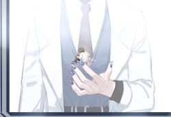  1boy 2girls belt black_belt black_necktie blood blue_nails blue_vest brown_hair coat collared_shirt gregor_(project_moon) hand_on_another's_head hermann_(project_moon) highres kkolo432271 lab_coat limbus_company long_hair lying multiple_girls necktie on_floor pov project_moon reflection robe shirt short_hair simple_background squatting vest white_background white_coat white_robe white_shirt window 