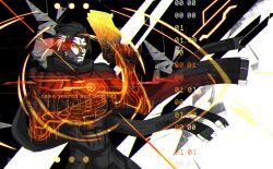  1boy beard binary black_background brown_hair closed_mouth cowboy_shot emre_(overwatch) facial_hair gun handgun highres holding holding_gun holding_weapon long_scarf male_focus multicolored_hair overwatch possessed red_eyes scarf sever1220 short_hair third-party_edit third_eye_on_chest two-tone_hair weapon white_background white_hair 