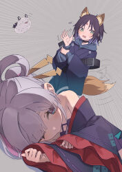  2girls @_@ absurdres animal_ears armpit_crease bare_shoulders black_hair blue_eyes blue_hair blue_kimono cho_kaguya-hime! commentary_request criss-cross_halter drooling emphasis_lines feigning_sleep flying_sweatdrops forehead_jewel fox_ears fox_girl fox_tail frilled_sleeves frills fushi_(cho_kaguya-hime!) green_eyes grey_background grey_hair hair_ornament hair_rings hair_stick halterneck highres holding_own_wrist japanese_clothes kimono long_sleeves looking_at_another lying medium_hair mouth_drool multicolored_eyes multicolored_hair multiple_girls nervous_sweating off_shoulder on_side one_eye_closed open_mouth pink_hair purple_hair rezin531 runami_yachiyo sakayori_iroha sea_slug simple_background sweat tail tail_wagging violet_eyes wide_sleeves yuri 