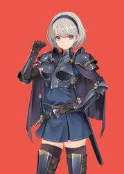  1girl armor armored_boots belt black_armor black_cape black_gloves black_hairband black_panties black_thighhighs blue_dress boots breastplate cape commentary_request dress elbow_gloves gauntlets gloves grey_eyes grey_hair hairband hand_on_own_hip kirishima_satoshi original panties parted_lips pauldrons short_hair short_sword shoulder_armor solo sword thigh-highs underwear weapon 