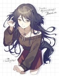  1girl animal_ears bare_shoulders black_hair black_tail blush bone_necklace breasts casual closed_mouth collarbone commentary cropped_legs dog_ears dog_girl dog_tail drop_shadow grid_background hair_between_eyes hand_up highres hoshino_ichika_(project_sekai) jewelry kikutouji leaning_forward long_hair long_sleeves looking_at_viewer necklace off-shoulder_sweater off_shoulder project_sekai red_skirt sidelocks simple_background skirt small_breasts smile solo sweater tail translation_request tsurime twitter_username 