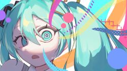  1girl abstract_background acoya_garden aqua_eyes aqua_hair bare_shoulders colorful_background commentary_request d: eyelashes hair_between_eyes hair_ornament hatsune_miku highres long_hair no_nose raised_eyebrows shade solo twintails twitter_username vocaloid 