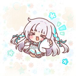  >_< 1girl :d blue_hair braid chibi closed_eyes copyright_request dress facing_viewer floral_background grey_hair highres jacket long_hair long_sleeves mitarashi_neko multicolored_hair notice_lines open_clothes open_jacket pleated_dress puffy_long_sleeves puffy_sleeves sleeves_past_wrists smile solo streaked_hair twin_braids very_long_hair virtual_youtuber white_background white_dress white_jacket xd 