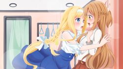  2girls absurdres against_wall alice_zuberg alternate_costume arm_cutout asuna_(sao) asutokun_th blonde_hair blue_eyes blue_skirt blush braid braided_ponytail brown_eyes brown_hair clothing_cutout commentary completion_time dated_commentary dressing_room embarrassed english_commentary fang floating_clothes floating_hair frilled_sleeves frills from_side hair_between_eyes hair_ribbon half_up_half_down_braid hand_up hands_up high-waist_skirt highres indoors jacket kabedon long_hair long_sidelocks long_sleeves looking_at_another multiple_girls nose open_mouth pleated_skirt red_skirt ribbon shirt short_sleeves sidelocks skin_fang skirt sword_art_online sword_art_online:_alicization tongue upper_body white_jacket white_ribbon white_shirt yuri 