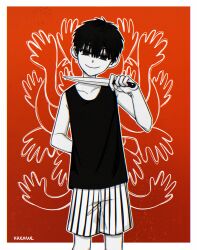  1boy antenna_hair artist_name black_shorts black_tank_top closed_mouth collarbone colored_skin hair_between_eyes highres holding holding_knife jibaku_shounen_hanako-kun knife krerue looking_at_viewer male_focus omori omori_(omori) shorts smile solo striped_clothes striped_shorts tank_top two-tone_shorts vertical-striped_clothes vertical-striped_shorts white_shorts white_skin 
