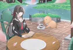  1girl arm_cutout artist_name black_choker black_hair black_jacket black_shirt black_skirt book breasts capybara chisa_(wuthering_waves) choker closed_mouth clothing_cutout commentary hair_ribbon highres holding holding_book jacket long_hair long_sleeves looking_at_viewer medium_breasts namipon_(wuthering_waves) open_book petals pink_petals red_eyes red_ribbon ribbon sailor_collar shirt sitting skirt smile table tacet_mark_(wuthering_waves) white_sailor_collar woraput2205 wuthering_waves 