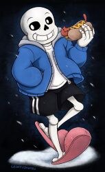  1boy 2021 2d artist_name black_background black_shorts blue_jacket commentary digital_media double_vertical_stripe drawstring english_commentary food full_body gradient_background grey_hood hand_in_pocket holding holding_food hollow_eyes hood hood_down hooded_jacket hot_dog humanoid jacket loihtuja long_sleeves male male_focus male_only monster monster_boy mustard open_clothes open_jacket pink_slippers sans_(undertale) shirt shorts simple_background skeleton slippers snow snowing solo striped_shorts teeth undead undertale utdr_(toby_fox) vertical-striped_clothes vertical-striped_shorts white_shirt white_stripes zipper 