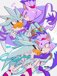  1boy 1girl absurdres animal_ears animal_nose arrow_(symbol) blaze_the_cat blue_outline blue_ribbon blush bound carrying cat_ears cat_girl cat_tail checkered_background closed_mouth commentary dress english_commentary eye_contact frown fur-trimmed_shoes fur-trimmed_sleeves fur_trim furry furry_female furry_male grey_fur hedgehog_boy hetero high_heels highres long_sleeves looking_at_another miijiu orange_eyes outline ponytail princess_carry purple_dress purple_fur purple_ribbon purple_shoes ribbon shoes silver_the_hedgehog simple_background sonic_(series) sparkle sweat tail tied_up_(nonsexual) valentine white_background 