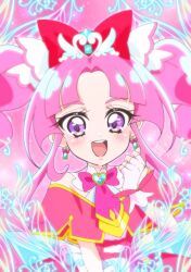  1girl artist_name back_bow blue_bow bow bowtie braid brooch capelet commentary cure_mystique cure_nico dress earrings fingerless_gloves gloves hair_ornament heart heart_brooch heart_hair_ornament highres jewelry kobayashi_mikuru large_bow layered_gloves light_trail long_hair looking_at_viewer magical_girl meitantei_precure! parted_bangs pink_hair precure red_bow red_bowtie red_capelet red_dress signature sleeveless sleeveless_dress smile solo twin_braids upper_body violet_eyes 