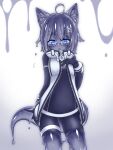  1girl ahoge animal_ear_fluff animal_ears black_gloves blue_eyes bodysuit colored_skin curss fox_ears fox_tail glasses gloves grey_skin hair_ornament hairclip hand_up highres looking_at_viewer monster_girl original parted_lips slime_girl solo standing tail 