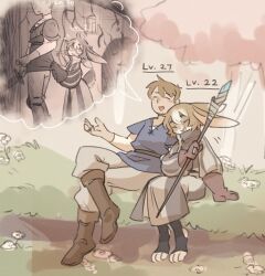  1boy 1girl ^_^ belt black_leg_warmers blue_shirt boots brown_belt brown_boots brown_gloves brown_hair check_clothing check_gender closed_eyes clothing_request commentary double-parted_bangs dress english_commentary english_text flower furry gender_request gloves grass hair_between_eyes head_on_another's_shoulder highres holding holding_polearm holding_weapon laughing layered_sleeves leg_warmers long_sleeves multicolored_hair multiple_girls open_mouth original pants pink_background polearm power_level purple_dress rabbit remembering shirt short_hair short_over_long_sleeves short_sleeves sitting smile spear speech_bubble spiky_hair striped_clothes striped_dress tateoftot time_progression tree two-tone_hair upper_body weapon white_hair white_pants white_shirt 