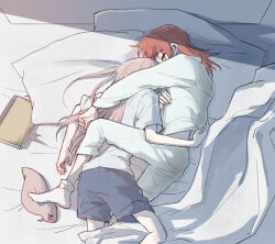  2girls blue_shorts bocchi_the_rock! book chinese_commentary closed_eyes commentary_request cuddling from_above gotoh_hitori gotoh_hitori_(tsuchinoko) highres hug kita_ikuyo long_hair morning multiple_girls obscuremisty on_bed pants pill pink_hair red_hair shirt shorts socks white_pants white_shirt white_socks yuri 