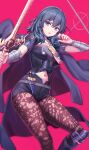  1girl armlet armor bangs blue_eyes blue_hair boots brown_legwear bustier byleth_(fire_emblem) byleth_eisner_(female) cape capelet clothing_cutout dagger deadnooodles fire_emblem fire_emblem:_three_houses floral_print gloves high_heel_boots high_heels highres holding holding_sword holding_weapon knee_pads knife legwear_under_shorts long_sleeves looking_at_viewer medium_hair navel navel_cutout open_mouth pantyhose patterned_legwear print_legwear short_sleeves shorts shoulder_armor simple_background single_knee_pad solo sword sword_of_the_creator tassel turtleneck vambraces waist_cape weapon 