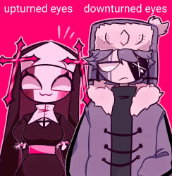  1boy 1girl :3 arm_at_side arm_behind_back belt black_dress black_sweater black_veil blank_eyes blush breasts closed_mouth collared_shirt commentary_request cross cross_hat_ornament cxolzayti1bx36l dress english_text friday_night_funkin' frilled_sleeves frills frown fur-trimmed_jacket fur_trim grey_hair grey_jacket hand_in_pocket highres jacket jitome layered_sleeves long_sleeves medium_breasts no_eyebrows no_nose notice_lines nun nun_headdress open_clothes open_jacket outline pink_background pink_belt pink_outline puffy_long_sleeves puffy_short_sleeves puffy_sleeves raised_eyebrows ruvyzvat_(friday_night_funkin') sarvente_(friday_night_funkin') shirt short_hair short_over_long_sleeves short_sleeves simple_background smile straight-on sweater tareme turtleneck turtleneck_sweater upper_body veil very_big_eyes white_shirt 