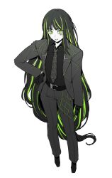  1girl alfonso_(project_moon) belt black_gloves black_hair black_necktie black_pants black_suit co_duck commentary full_body gloves green_eyes green_hair hand_on_own_hip highres limbus_company long_hair looking_at_viewer multicolored_hair necktie pants project_moon simple_background smile solo standing streaked_hair suit untranslatable_commentary very_long_hair white_background 