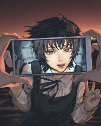  1girl 1other 2023 absurdres black_dress black_hair cellphone commentary_request different_viewfinder double_v dress eri_(sayonara_eri) film_grain green_eyes highres holding holding_phone neck_ribbon open_mouth phone pinafore_dress pov pov_hands ribbon sayonara_eri shirt short_hair signature sleeveless sleeveless_dress smartphone smile taorotana upper_body v white_shirt 