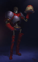  1boy 2015 2d armor artist_name black_background blue_shorts boots breastplate cape commentary dark dark_background digital_media english_commentary food full_body gloves glowing glowing_eyes grey_armor hand_on_own_thigh highres holding holding_food holding_plate humanoid male male_focus male_only max_davenport monster monster_boy papyrus_(undertale) pasta pauldrons photoshop_(medium) plate red_boots red_cape red_eyes red_gloves shorts simple_background skeleton solo spaghetti standing teeth thigh_boots undead undertale utdr_(toby_fox) wordpress_username 