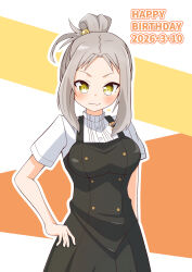  1girl :3 absurdres black_dress blush breasts commentary_request dated dress grey_hair hair_bobbles hair_bun hair_ornament hand_on_own_hip happy_birthday highres kiryuu_shizuka looking_at_viewer mygod877sasa pinafore_dress school_uniform shirt short_sleeves sidelocks single_hair_bun sleeveless sleeveless_dress smile solo white_shirt yellow_eyes yuuki_yuuna_wa_yuusha_de_aru yuusha_de_aru 