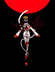  1girl absurdres apple ascot black_background black_hair colored_sclera commentary_request dress e.g.o_(project_moon) employee_(project_moon) floating food fruit full_body halo highres lobotomy_corporation long_hair looking_at_viewer nugget_(project_moon) open_mouth paradise_lost_(e.g.o) project_moon red_ascot red_sclera red_shoes red_sun red_trim shoes simple_background smile snake solo thigh-highs very_long_hair wei_qie_zaisheng white_dress white_thighhighs 