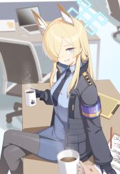  1girl absurdres animal_ear_fluff animal_ears armband black_gloves black_necktie black_pantyhose blonde_hair blue_archive blue_eyes blue_halo blue_shirt blue_skirt chair coffee coffee_mug collared_shirt commentary computer crossed_legs cup drink fox_ears fox_girl gloves grin hair_over_one_eye halo highres holding holding_cup holding_drink indoors jacket kanna_(blue_archive) laptop long_hair long_sleeves mug necktie on_table one_eye_covered open_clothes open_jacket pantyhose paper pov pov_hands purple_armband shirt siguya sitting skirt smile solo_focus steam table tie_clip 
