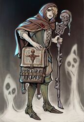  1boy blonde_hair blue_eyes cloak dungeons_&amp;_dragons flower highres holding holding_staff male_focus pale_skin red_flower red_rose rose solo staff ykshelter 