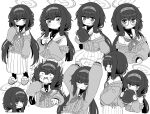  1girl :o ^^^ arms_up bags_under_eyes bangs blue_archive blush book cardigan closed_eyes closed_mouth flying_sweatdrops glasses greyscale grin hair_between_eyes halo highres holding holding_book long_sleeves monochrome multiple_views naga_u neckerchief off_shoulder open_cardigan open_clothes open_mouth pantyhose parted_lips pleated_skirt puffy_long_sleeves puffy_sleeves round_eyewear sailor_collar school_uniform serafuku shirt simple_background skirt sleeves_past_wrists slippers smile standing surprised ui_(blue_archive) wavy_mouth white_background 
