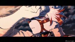  1boy animal_ear_fluff animal_ears body_fur commentary_request furry furry_male hand_on_own_head highres hiirono_bangboo letterboxed male_focus muzzle_(mask) parted_lips portrait red_eyes shirt solo twitter_username von_lycaon white_fur white_hair white_shirt wolf_boy wolf_ears zenless_zone_zero 