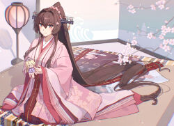  2girls absurdly_long_hair blonde_hair brown_hair cherry_blossoms commentary_request floral_print floral_print_kimono flower hair_between_eyes hair_flower hair_intakes hair_ornament headgear highres himeyamato holding holding_mini_person iowa_(kancolle) japanese_clothes kantai_collection kimono layered_kimono long_hair mini_person multiple_girls one_eye_closed pink_kimono ponytail print_kimono red_eyes seiza sidelocks sitting smile solo very_long_hair wide_sleeves yamato_(kancolle) 