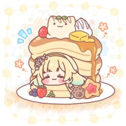  1girl :3 aizawa_ema blonde_hair blue_hair blueberry blush_stickers brown_hairband butter chibi closed_eyes closed_mouth colored_shadow commentary_request cookie floral_background flower food fruit gradient_hair hairband highres ice_cream in_food long_hair mini_person minigirl mitarashi_neko multicolored_hair notice_lines pancake pancake_stack plate rose shadow solo strawberry virtual_youtuber vspo! white_background white_flower white_rose 