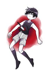  1boy antenna_hair black_hair black_shorts black_socks black_tank_top blood blood_on_clothes closed_eyes closed_mouth colored_skin commentary english_commentary full_body highres kneehighs knife_in_chest male_focus omori omori_(omori) reii163 shorts socks solo stab striped_clothes striped_shorts tank_top two-tone_shorts vertical-striped_clothes vertical-striped_shorts white_shorts white_skin 