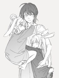 3girls :t aged_down ahoge animal_ears carrying child_carry cho_kaguya-hime! closed_mouth collared_shirt commentary cowboy_shot frown grey_background hair_rings hatyo hug kaguya_(cho_kaguya-hime!) kemonomimi_mode lop_rabbit_ears multiple_girls pout rabbit_ears runami_yachiyo sakayori_iroha shirt short_hair sidelocks simple_background split_mouth thick_eyebrows twintails untranslatable_commentary 