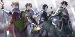  4boys absurdres amaki_ren arm_shield armor belt black_armor black_belt black_coat black_gloves black_hair black_shirt blonde_hair blue_eyes blue_gloves blue_scarf blue_shirt boots bow_(weapon) breastplate bridal_gauntlets brown_armor brown_boots brown_bridal_gauntlets brown_gloves brown_shirt brown_tabard cape caramelo_game cloak coat commentary_request double-parted_bangs dust_cloud elbow_gloves feet_out_of_frame fingerless_gloves floating_cape floating_clothes floating_coat floating_scarf from_behind frown fur-trimmed_armor fur-trimmed_boots fur-trimmed_gloves fur-trimmed_hood fur_trim gloves glowing_gem green_cape green_cloak green_eyes green_pants grey_armor hair_between_eyes highres holding holding_bow_(weapon) holding_polearm holding_shield holding_sword holding_weapon hood hood_down hooded_cape hooded_cloak iwatani_naofumi kawasumi_itsuki kitamura_motoyasu knee_boots layered_shirt leather_armor legendary_bow_(small_bow)_(tate_no_yuusha_no_nariagari) legendary_bow_(tate_no_yuusha_no_nariagari) legendary_shield_(small_shield)_(tate_no_yuusha_no_nariagari) legendary_shield_(tate_no_yuusha_no_nariagari) legendary_spear_(small_spear)_(tate_no_yuusha_no_nariagari) legendary_spear_(tate_no_yuusha_no_nariagari) legendary_sword_(small_sword)_(tate_no_yuusha_no_nariagari) legendary_sword_(tate_no_yuusha_no_nariagari) light_rays long_sleeves looking_at_viewer looking_to_the_side medium_hair messy_hair multicolored_coat multicolored_gloves multiple_boys muneate pants parted_bangs pauldrons pinstripe_pants pinstripe_pattern polearm ponytail red_cape reverse_grip scarf serious shield shin_guards shirt short_hair short_ponytail short_sleeves shoulder_armor single_pauldron spear spiked_pauldrons spikes straight_hair sword tabard tassets tate_no_yuusha_no_nariagari turtleneck turtleneck_shirt two-tone_coat two-tone_gloves v-shaped_eyebrows weapon white_coat white_pants white_shirt 