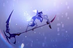  1girl arched_back black_hair black_shoes blue_eyes blue_hair blue_skirt blue_vest colored_inner_hair commentary_request floating head_back highres holding holding_scythe honkai_(series) honkai_impact_3rd multicolored_hair pleated_skirt scythe seele_vollerei shenjianwuzhi shirt shoes short_hair short_sleeves skirt solo striped_clothes striped_thighhighs thigh-highs vertical-striped_clothes vertical-striped_thighhighs vest white_shirt white_thighhighs wide_shot 