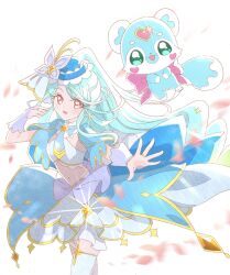  1girl aqua_bow aqua_bowtie aqua_capelet aqua_hair aqua_skirt boater_hat bow bowtie bridal_gauntlets brooch butterfly_hat_ornament capelet cowboy_shot cure_eclair earrings gloves hat_ornament heart heart_brooch highres jewelry layered_skirt long_hair looking_at_viewer magical_girl meitantei_precure! midriff miniskirt motion_blur navel open_mouth petals ponytail precure shirt showgirl_skirt shushu-tan skirt sleeveless sleeveless_shirt smile solo sparkle standing thigh-highs very_long_hair white_background white_gloves white_shirt white_skirt white_thighhighs wonderful_tanaka yellow_eyes 
