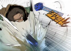  1boy blood blood_on_face brown_hair brown_raincoat dark-skinned_male dark_skin e.g.o_(project_moon) full-stop_office_(identity)_(project_moon) gameplay_mechanics gun heathcliff_(project_moon) highres holding holding_umbrella limbus_company misg1111 project_moon rifle short_hair solo sunshower_(e.g.o) technology_liberation_alliance_(identity)_(project_moon) umbrella weapon 