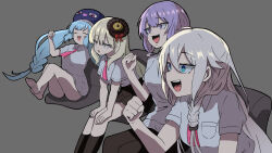 4girls barefoot bean_bag_chair black_pants black_skirt blonde_hair blue_eyes blue_hair blue_hat bow braid brown_hat cheering clenched_hand closed_eyes feet gaijin_4koma_(meme) grey_background grey_hair happy hat highres hitorikanawo ia_(vocaloid) long_hair mayu_(vocaloid) meme multiple_girls necktie official_art open_mouth otomachi_una pants parody pleated_skirt pocket red_bow red_necktie sexy_minus_(vocaloid) short_hair_with_long_locks short_sleeves simple_background sitting skirt smile teeth thighs twin_braids upper_teeth_only violet_eyes vocaloid yellow_eyes yuzuki_yukari 