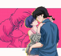  1boy 1girl black_hair blue_eyes blue_hair braid closed_eyes commentary english_commentary hand_in_another's_hair hand_on_another's_shoulder hetero kiss ohmagaby pink_background ranma_1/2 saotome_ranma short_hair single_braid smile tendou_akane 