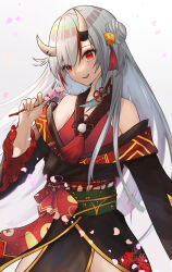  1girl absurdres bare_shoulders bell cokei commentary_request flower gradient_hair hair_bun highres holding holding_flower hololive horn_ornament horns japanese_clothes long_hair looking_at_viewer multicolored_hair nakiri_ayame nakiri_ayame_(1st_costume) oni open_mouth red_eyes red_hair red_streaks simple_background skin-covered_horns solo streaked_hair teeth upper_teeth_only virtual_youtuber white_hair 