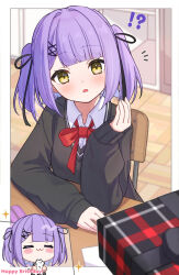 !? 1girl anku black_ribbon black_sweater blush border bow bowtie chair chibi chibi_inset collared_shirt commentary_request desk dot_nose english_text gift hair_ornament hair_ribbon happy_birthday highres indoors long_sleeves looking_at_viewer medium_hair notice_lines on_chair open_mouth parted_bangs purple_hair red_bow red_bowtie ribbon school_chair school_desk school_uniform shinomiya_runa shirt sitting solo sweater two_side_up v-neck virtual_youtuber vspo! white_border white_shirt wing_collar x_hair_ornament yellow_eyes 