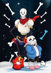  2016 2boys 2d annoying_dog arm_on_another's_head armor artist_name black_shorts blue_jacket blue_shorts bone boots commentary digital_media dog double_vertical_stripe drawstring duo english_commentary full_body fur-trimmed_jacket fur_trim gloves hand_on_own_hip hands_in_pockets holding holding_bone hollow_eyes humanoid jacket loihtuja long_sleeves male male_focus male_only monster monster_boy multiple_boys open_clothes open_jacket outdoors papyrus_(undertale) pink_slippers red_boots red_gloves red_scarf sans_(undertale) scarf shorts skeleton slippers snow standing striped_shorts sweater teeth undead undertale utdr_(toby_fox) vertical-striped_clothes vertical-striped_shorts white_armor white_stripes white_sweater 