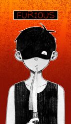  1boy antenna_hair black_tank_top collarbone colored_skin double-parted_bangs hair_between_eyes highres holding holding_knife knife krerue looking_at_viewer omori omori_(omori) shaded_face short_hair solo tank_top upper_body white_eyes white_skin 