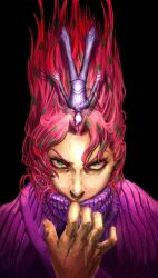  2boys black_background diavolo floating_hair green_eyes hashtag-only_commentary highres jg2iqo jojo_no_kimyou_na_bouken looking_at_viewer male_focus multiple_boys pants pink_hair purple_sweater spotted_hair sweater turtleneck turtleneck_sweater vento_aureo vinegar_doppio 