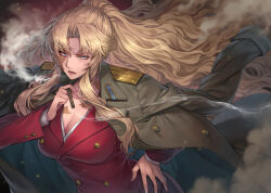  1girl balalaika_(black_lagoon) black_lagoon blonde_hair breasts cigar coat commentary_request green_coat hagure_keg hair_flowing_over jacket large_breasts long_hair military_uniform red_jacket scar smoke smoking solo very_long_hair 