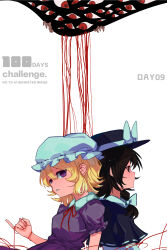  1other 2girls absurdres back-to-back black_capelet black_hair blonde_hair bow brown_eyes capelet chunye_xiuluo collared_dress commentary_request dress english_text facing_away frilled_sleeves frills from_behind gap_(touhou) green_dress hair_bow hand_up hat hat_bow highres looking_at_viewer maribel_hearn mob_cap multiple_girls neck_ribbon parted_lips pinky_out puffy_short_sleeves puffy_sleeves red_pupils red_ribbon ribbon ribbon-trimmed_capelet ribbon_trim shirt short_sleeves simple_background string_around_finger touhou upper_body usami_renko violet_eyes white_background white_bow white_hat white_shirt 